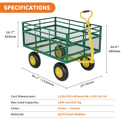 1400 Lbs Load Capacity Garden Cart, Metal Multi-Function Heavy-Duty Steel Garden Wagon, 3-in-1 Cart with 13 Inch All-Terrain Tires and Removable Mesh Side Panels, 180° Rotating Handle, Outdoor Gardens
