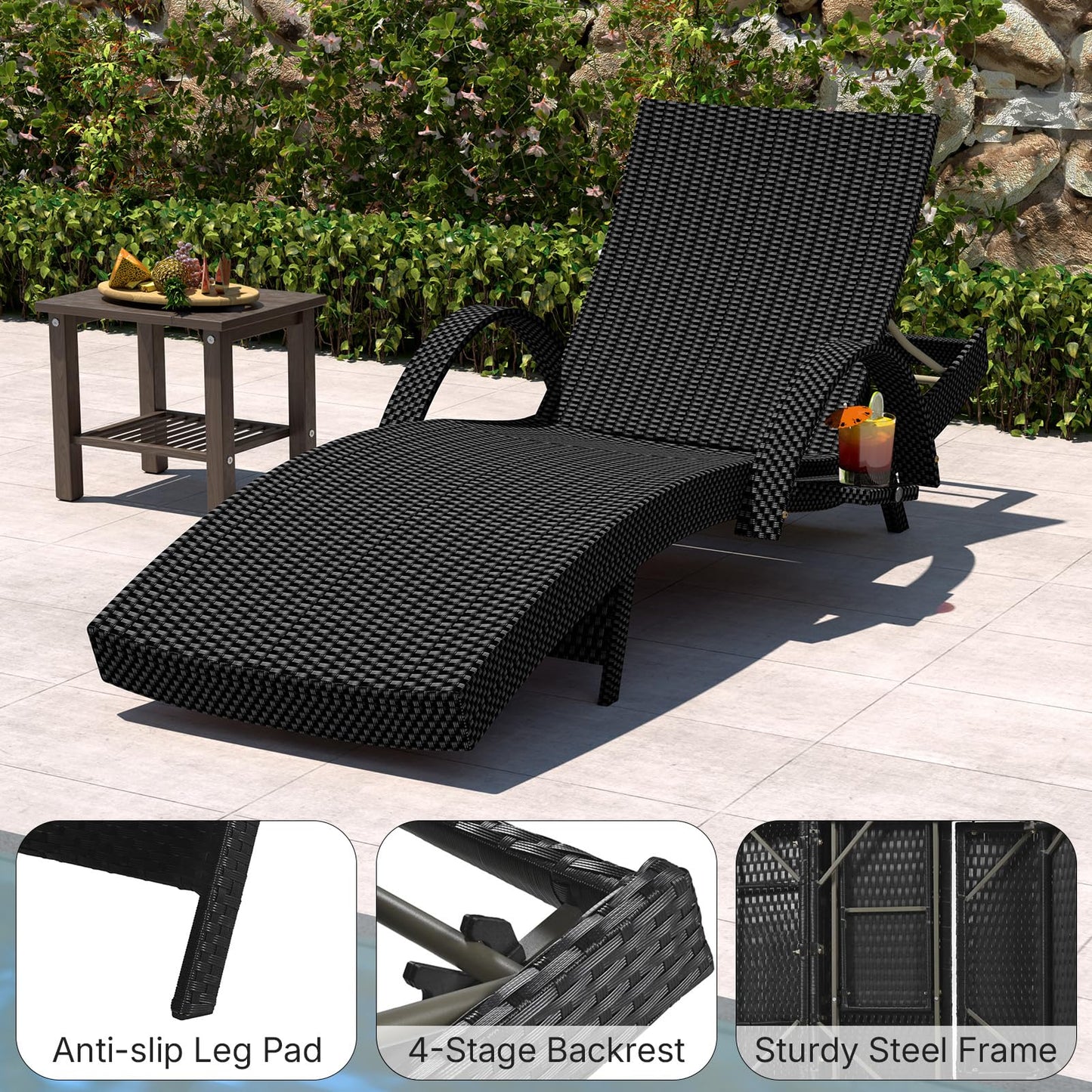 Rovibek 80'' Outdoor Wicker Chaise Lounge Chairs Set of 2, Pool Lounge Chairs with Pull-Out Side Table, Pool Lounge Chairs with Adjustable Recliners, All-Weather Design for Poolside Sunbathing, Black