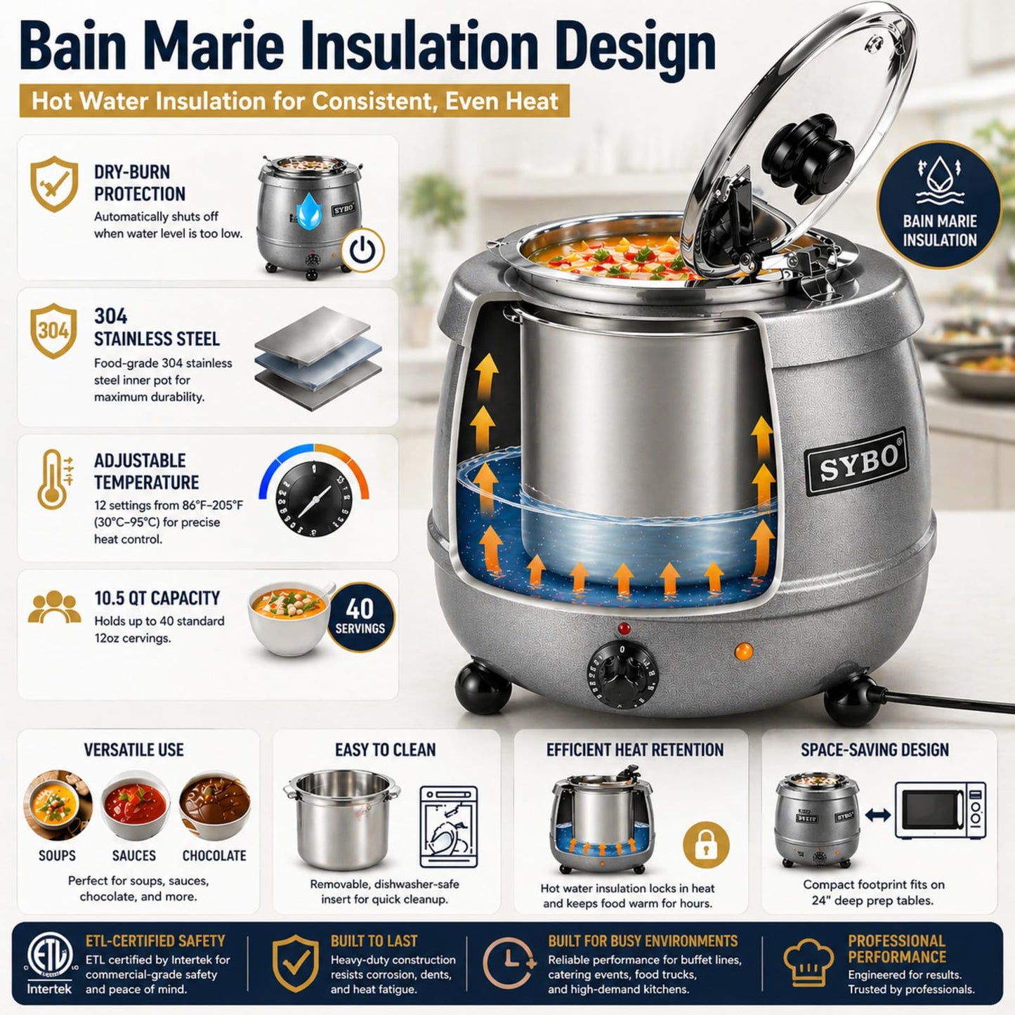 SYBO SB-6000-2G Commercial Grade Soup Kettle with Hinged Lid and Detachable Stainless Steel Insert Pot for Restaurant and Big Family, 10.5 Quarts, Silver