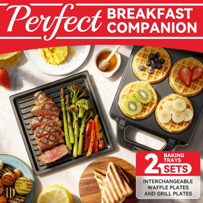 SugarWhisk 2 in 1 Mini Waffle Maker with Removable Plates, Panini Press Sandwich Maker, Sandwich Press, Waflera Electrica, Sandwichera Electrica, 4 X 4 Inch Classic Waffle Maker for Kids, Graphite