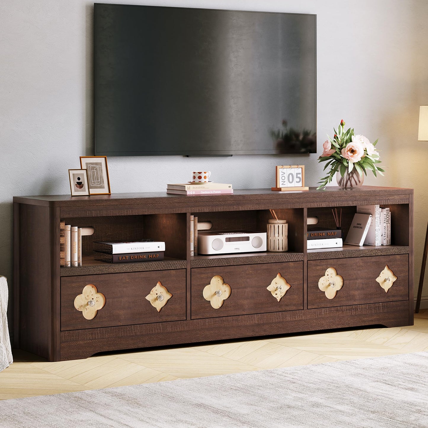 GAOMON Farmhouse 70 Inch TV Stand for TVs Up to 85", Mid Century Modern Entertainment Center with Storage Carved Drawer and Open Shelves, TV Console for Living Room (Brown)