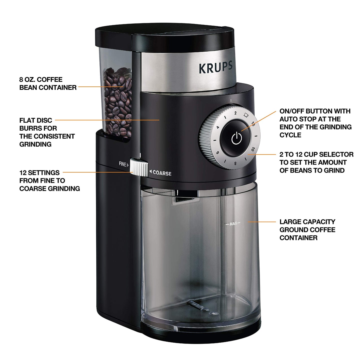 KRUPS Precision Burr Coffee Grinder: 12 Settings, 8 oz Capacity for Drip, French Press, Espresso, Pour Over, Cold Brew - Stainless Steel, 110W, Auto-Stop, Easy Clean - Coffee Grinders for Home Use