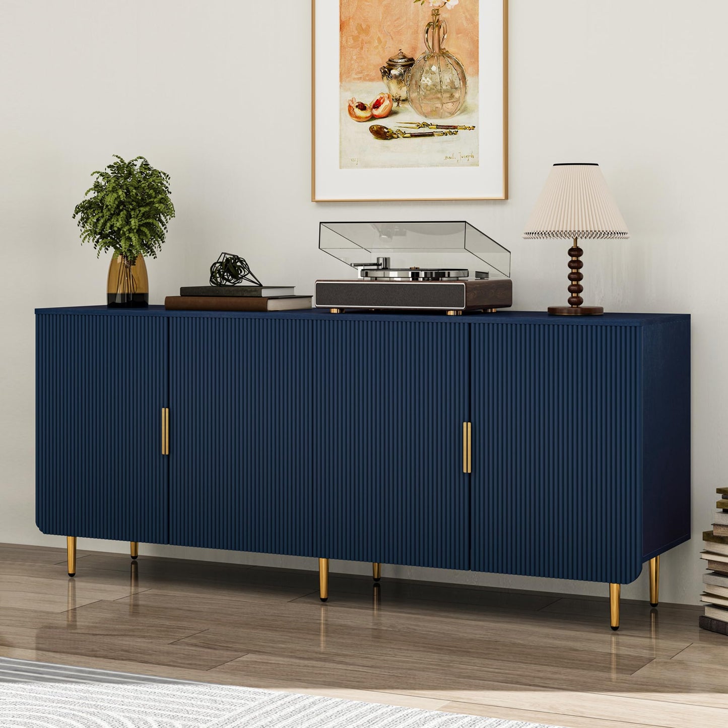 Tantmis 65" Fluted Sideboard Buffet Cabinet with Storage, Console Cabinet with 4 Doors & Adjustable Shelves, Modern Buffet Table for Kitchen Dining Living Room Hallway‌ Entryway, Blue