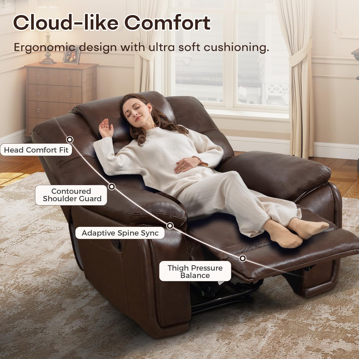 ANJ Genuine Leather Recliner Chair, Manual Reclining Chair with Ergonomic Design, Oversized Single Sofa Recliner with Soft Armrest and Flexible Footrest for Living Room,Red Brown