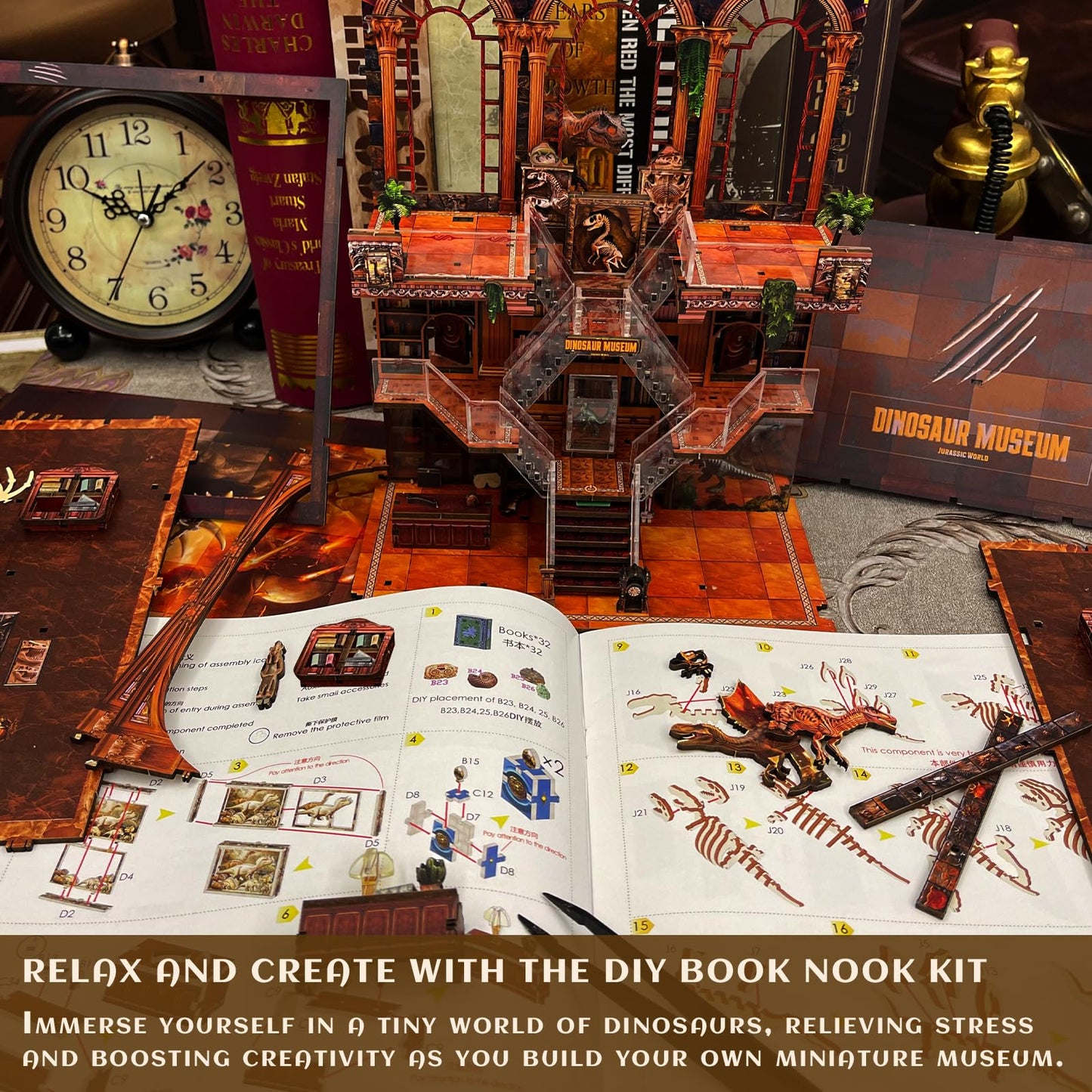 Book Nook Kit - DIY 3D Wooden Puzzle Miniature House with LED Lights - Creative Crafts for Adults - Bookshelf Insert Decor - Educational Gift for Family & Friends（Dinosaur Museum）
