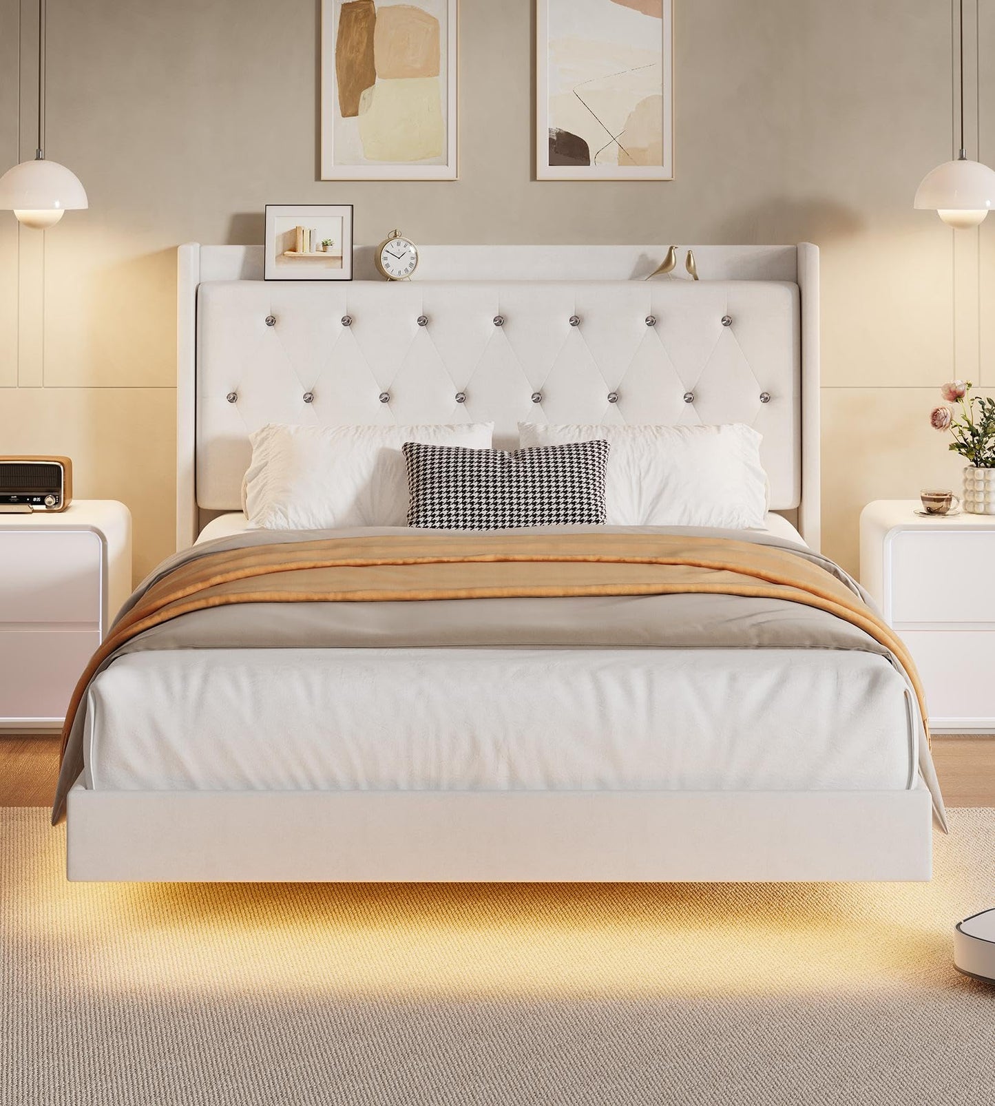 GAOMON Floating Bed Frame Full Size with LED Lights, Velvet Upholstered Platform Full Bed Frame with Wingback Storage Headboard, No Box Spring Needed, Easy Assembly, White