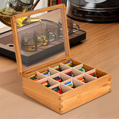 Ll.TOPWP Wood Tea Box Organizer 12 Compartment Multi-Functional Storage Box with Clear Acrylic Window,Tea Bag Holder for Cabinet.
