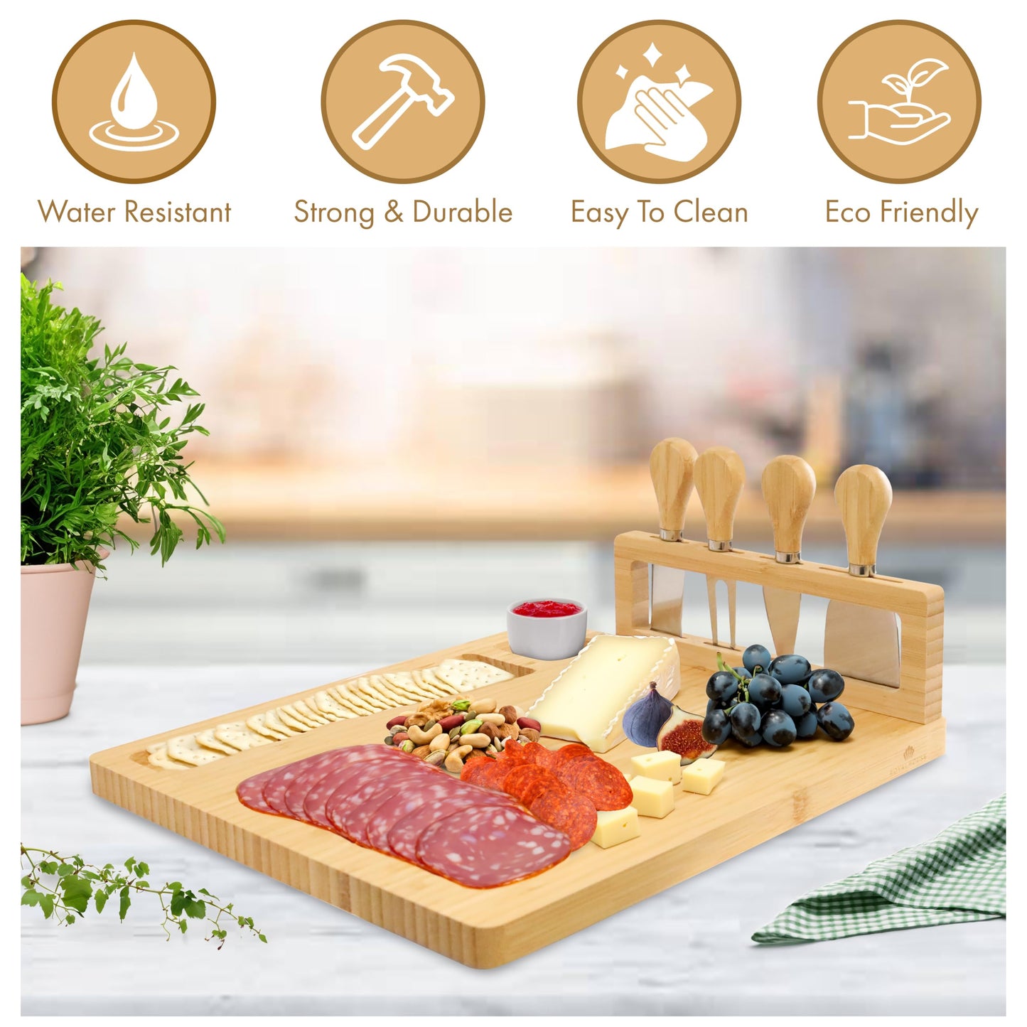 RoyalHouse Bamboo Cheese Board and Knife Set with Magnetic Holder - Serving Tray for Crackers, Meat, and Wine - Anniversary and Wedding Gift