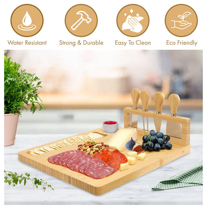 RoyalHouse Bamboo Cheese Board and Knife Set with Magnetic Holder - Serving Tray for Crackers, Meat, and Wine - Anniversary and Wedding Gift