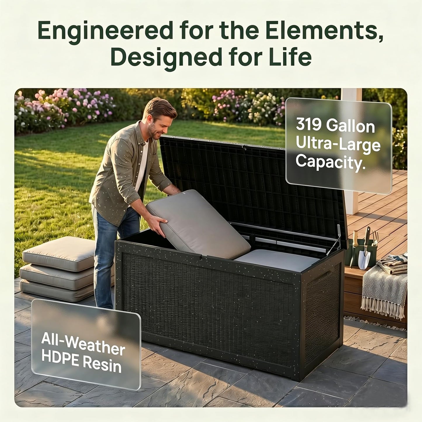 319 Gallon Extra Large Outdoor Storage Box, Waterproof Deck Box with Lockable Lid, Resin Outside Storage Box for Patio Furniture, Pool Accessories, Garden Tools, Storage Bench for Backyard,Porch,Black