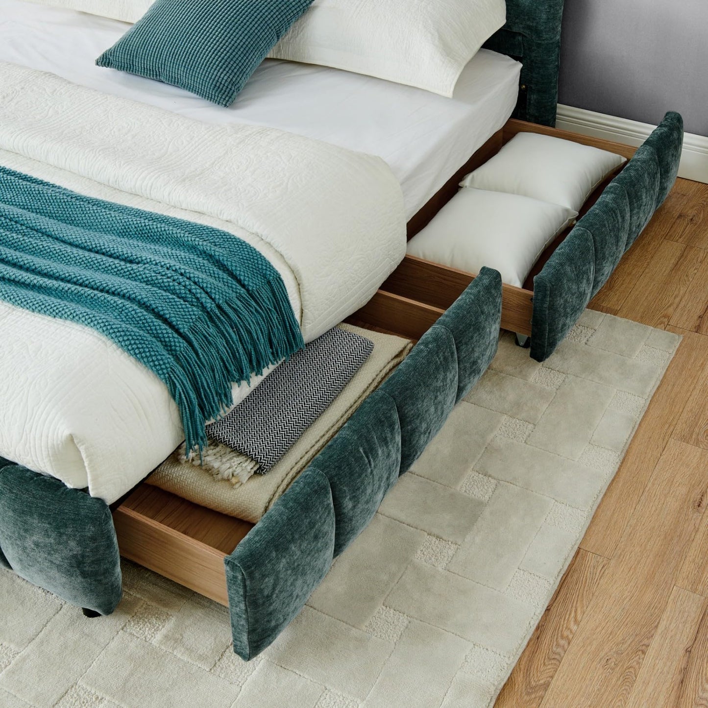 KEIKI King Thick Chenille Bed Frame with 4 Storage Drawer & Upholstered Tufted Headboard, Modern Solid Wood Floor Platform for Bedroom, No Box Spring Needed