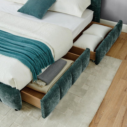 KEIKI King Thick Chenille Bed Frame with 4 Storage Drawer & Upholstered Tufted Headboard, Modern Solid Wood Floor Platform for Bedroom, No Box Spring Needed