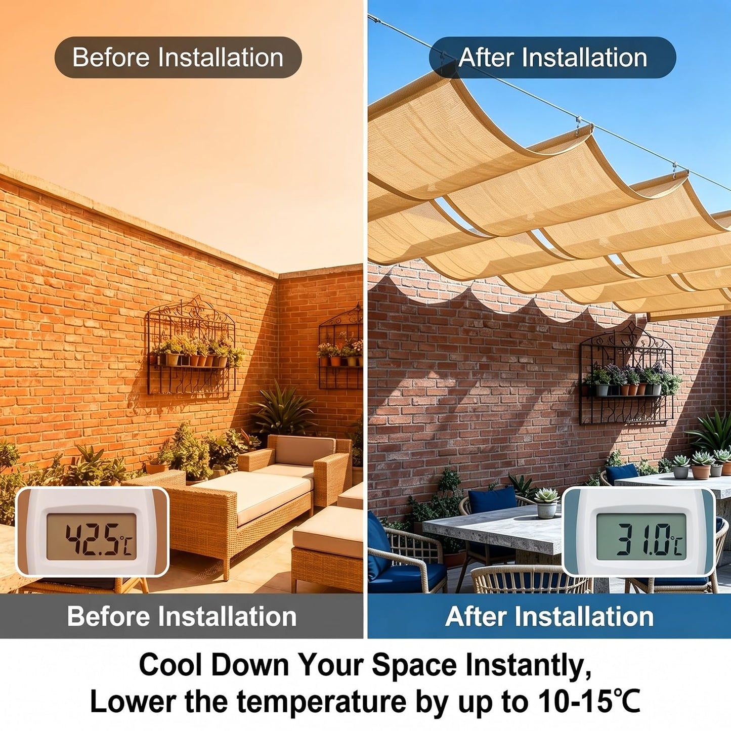 Wave Shade Sail Awning，Retractable Wave Shade Sails，Retractable Sun Shade Canopy Cover Sliding Wave Shade Sail for Pergola Patio Deck Yard Gazebo Outdoor(W1*L14m/W3.28*L45.93ft)