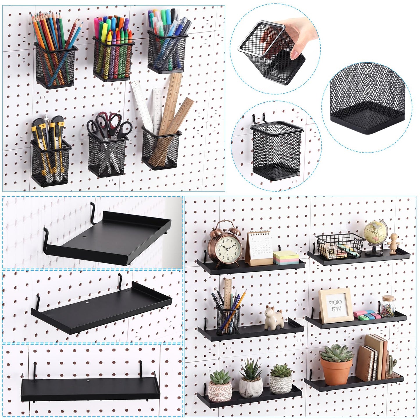 Tosstuki 12 Pack Pegboard Organizer Accessories - 6 Pegboard Cups Pencil Holder Peg Board - 6 Shelves Metal Shelf Brackets - Tools Storage Arrange System Kit for Office Garage Room