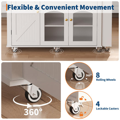 78.3” Rolling Kitchen Island with Extendable Table, Storage Cabinet, Drawers & Shelves, White Modern Mobile Island Cart on Wheels, Farmhouse Wood Island Table for Kitchen, Dining Room, Home Bar