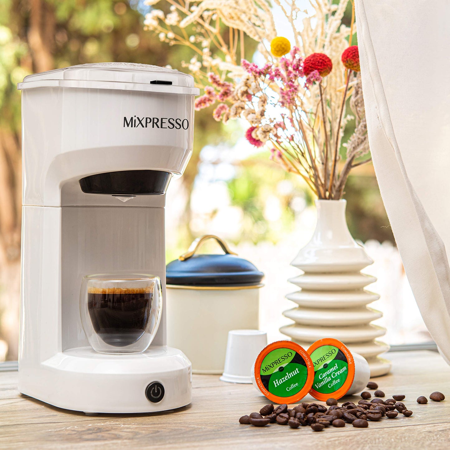Mixpresso 2-in-1 Single Serve Coffee Maker - K-Cup & Ground Coffee Compatible - Fast 2-3 Min Brewing - Compact 14oz White Coffee Machine for Home Office