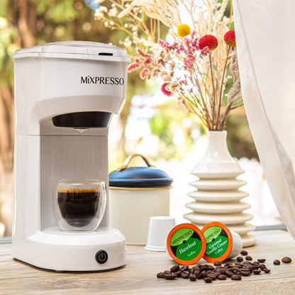 Mixpresso 2-in-1 Single Serve Coffee Maker - K-Cup & Ground Coffee Compatible - Fast 2-3 Min Brewing - Compact 14oz White Coffee Machine for Home Office