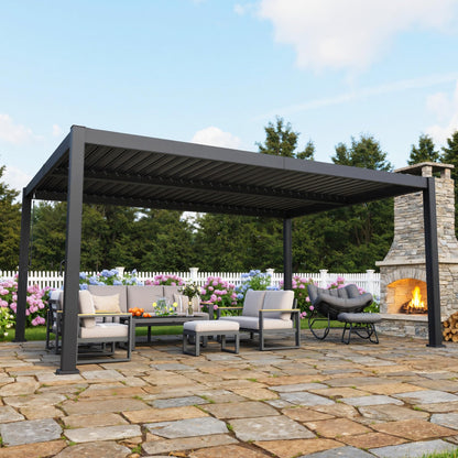 12' x 16' Louvered Pergola, Outdoor Pergola with Metal Adjustable Louvered Roof & Gutter System, Hardtop Patio Gazebo for Backyard, Patio, Garden, Dark Gray