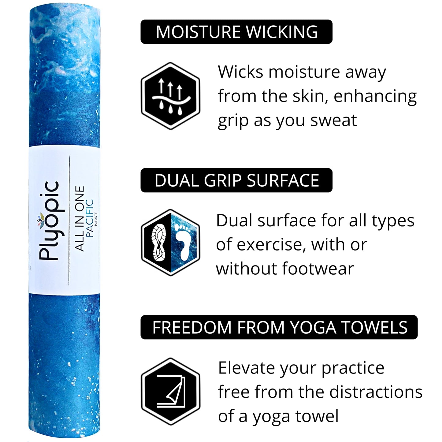 Plyopic. All In One Yoga Mat | Luxury Sweat-Grip Mat/Towel Combo | Ideal for Yoga, Hot Yoga, Bikram, Pilates, Workout & Exercise | Eco-Friendly Natural Rubber