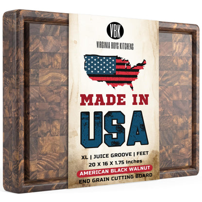 Virginia Boys Kitchens - Made in USA - Walnut Wood Cutting Boards (20"x16" End Grain with Feet and Juice Groove)