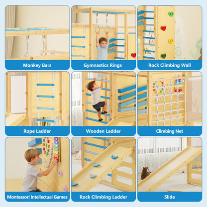 Garvee 9-in-1 Indoor Jungle Gym, Montessori Wooden Indoor Playground for Kids 2-8, Wooden Climbing Structure with Slide, Monkey Bars, Rope Ladder, Rock Wall, Climbing Net, Rings - Natural Wood Blue