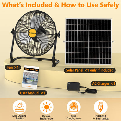T-SUNiceM 12" Solar Powered Fan for Tent Camping, RV Trips & Patio, Rechargeable Cordless Floor Fan with Solar Panel, USB Output for Bedside Backup, Porch, Greenhouse, Chicken Coop