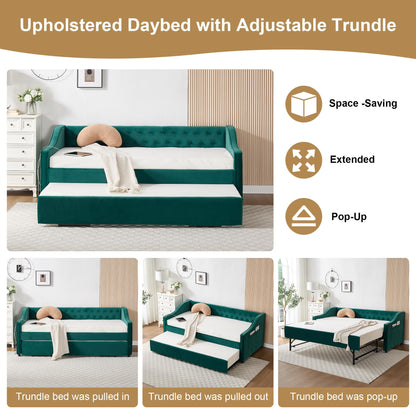 DNYN Button Tufted Design Daybed with Pop-up Trundle & USB Ports for Bedroom Guest Room, Space-Saving Twin Size Velvet Sofabed Frame with Side Storage Pockets, No Box Spring Needed/Easy Assemble