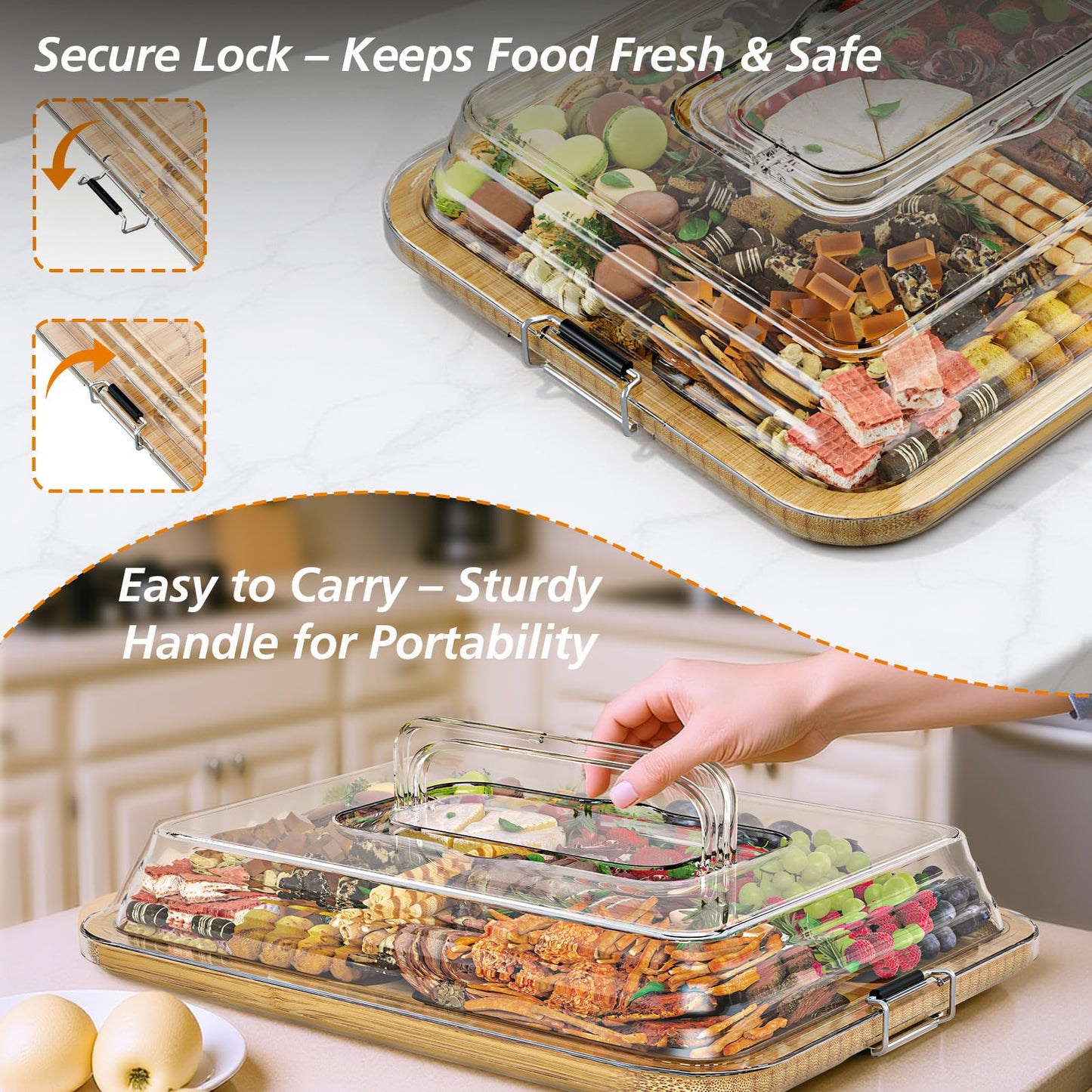 Charcuterie Boards with Foldable Lid, Portable Bamboo Cheese Board with 6 Compartments, Clear Locking Lid and Handle, Easy to Store, Suitable for Picnics, Camping, Parties & Housewarming Gifts