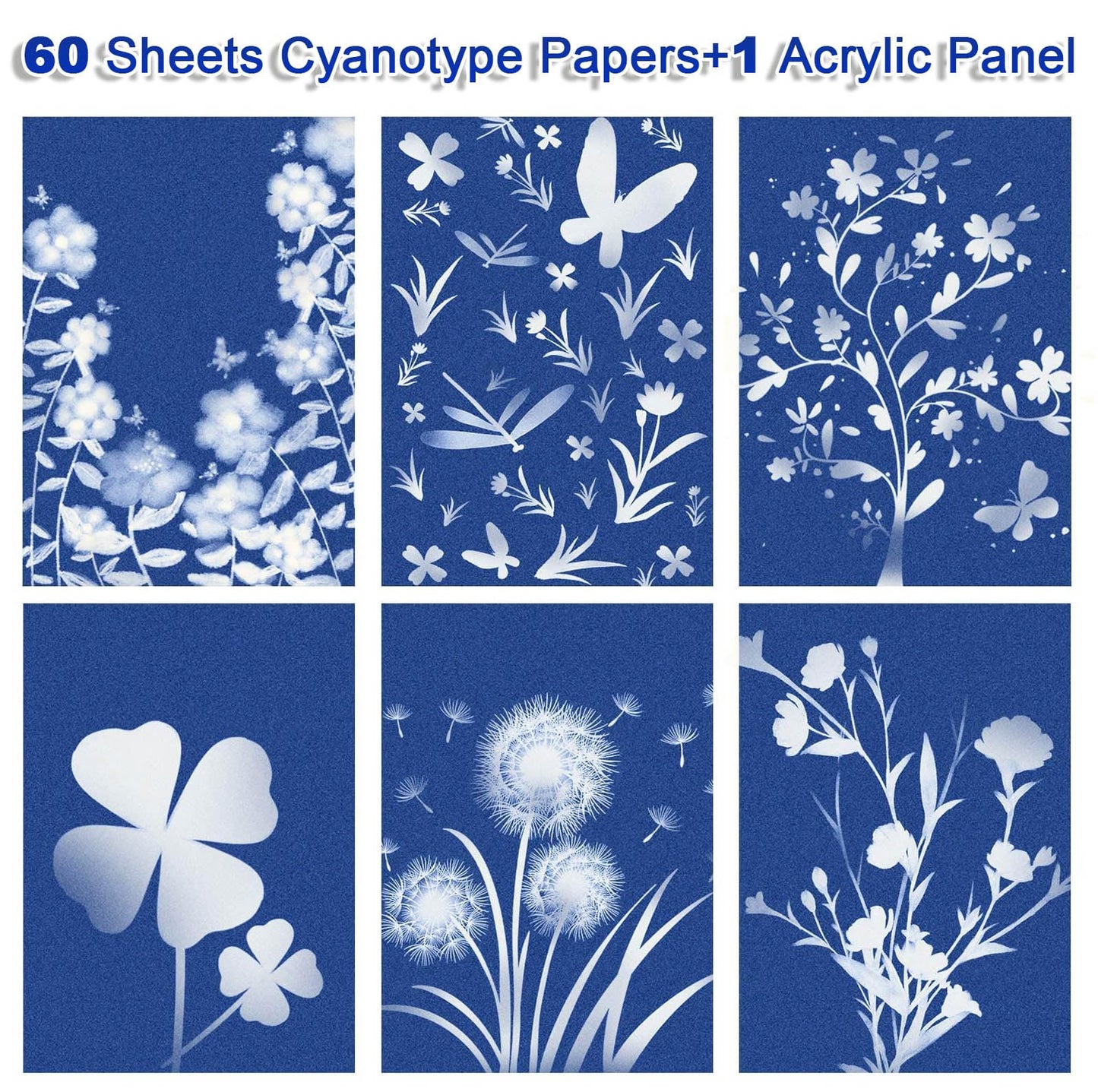 Sun Print Paper Kit Cyanotype Paper, 60 Sheets Cyanotype Papers with 1 Sheet Acrylic Panel, High Sensitive Nature Solar Activated Printing Art Supplies for Arts Crafts DIY Project