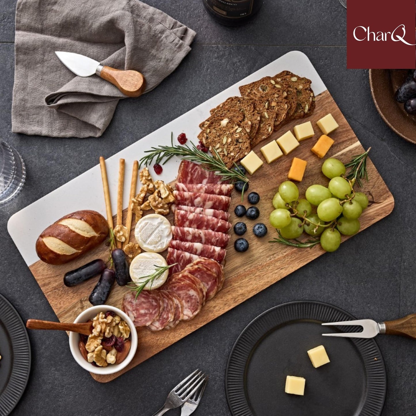 CharQ Charcuterie Board Set - Marble & Acacia Wood Cheese Board and Serving Board Platter, Charcuterie Boards Gift Set for Hosting, Wedding and Housewarming, Bridal Shower Marble Serving Tray