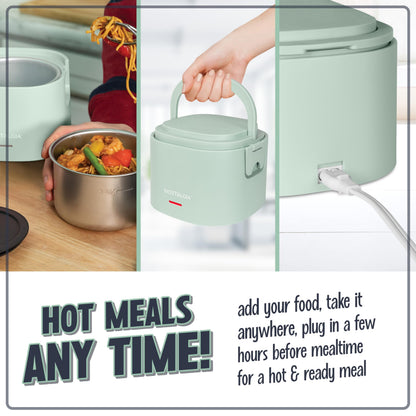 Nostalgia Portable Heated Lunch Box – 2.5-Cup Stainless Steel Food Warmer – Detachable Cord, Leak-Proof Lid, Carry Handle – Portable for Work & Travel – Sage