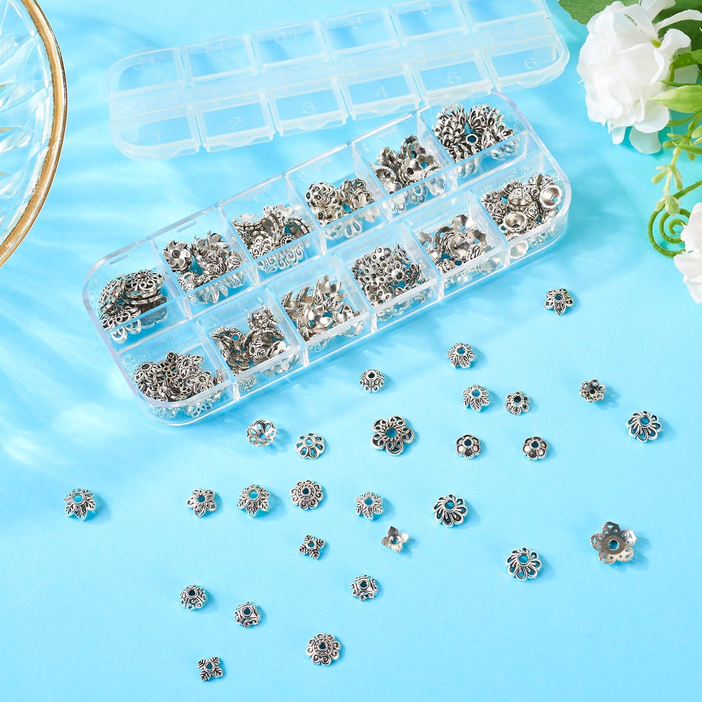 Craftdady 230pcs Antique Silver Bead Caps Tibetan Alloy Flower Bead Caps Metal Multi Petal Spacer Beads Vintage End Caps Beads 6.9 mm-10 mm for DIY Craft Earring Bracelet Jewelry Making