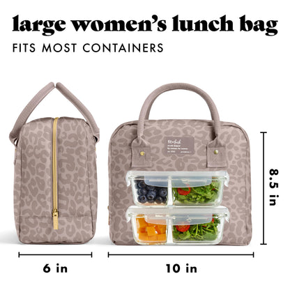Fit & Fresh Bloomington Lunch Bag for Women - Insulated Large Lunch Box for Work with Containers, Leak-Resistant, Stain-Resistant, Zipper Closure, Mocha Feline Fine