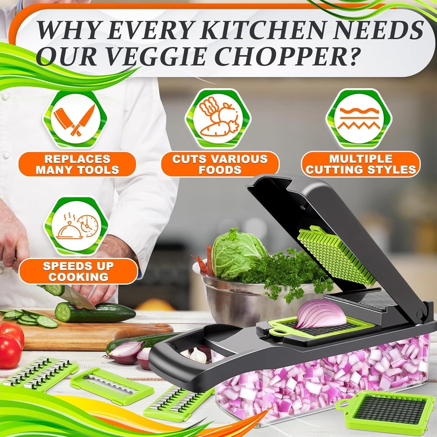 14-in-1 Vegetable Chopper with Container – Veggie Chopper with Container and Lid Includes 6 Blades, Cheese Grater, Egg Separator | Finger Guard, Dishwasher Safe – Veggie Dicer for Chips, Cubes, Strips