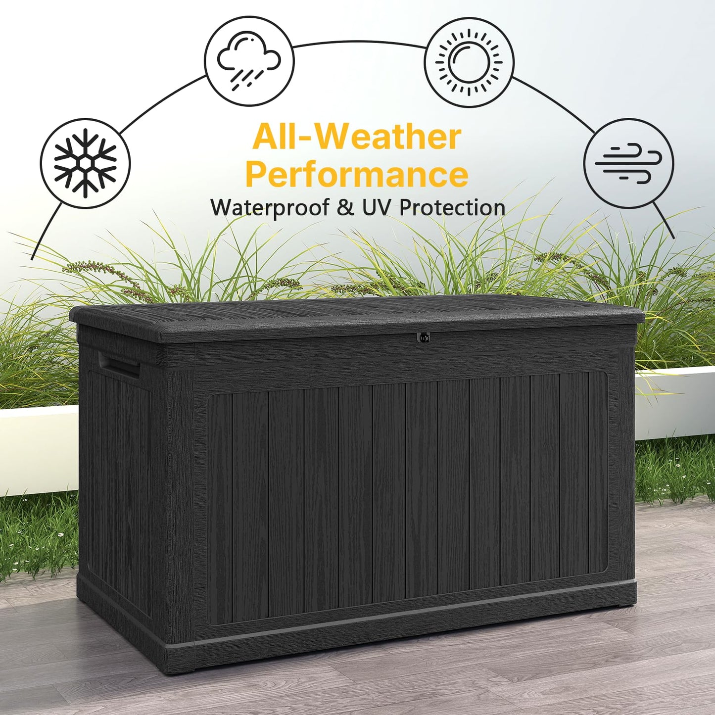 Skepphlay 230 Gallon Deck Box, Outdoor Storage Box Waterproof and UV Resistant, Patio Storage Box Lockable Large, 440 lbs Load Capacity for Garden, Patio, Pool (Black)