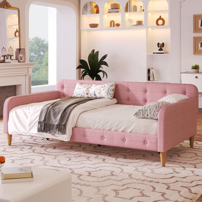 Bellemave Twin Upholstered Daybed with 4 Support Legs, Corner Bed, Upholstered Bedframe for Kids,Teens,Adults, Pink (Linen)