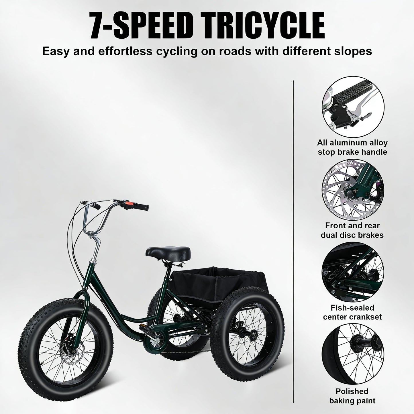 nawoefii Fat Tire Tricycle for Adults 20 Inch, 3 Wheel Bike for Adults Men Women, 7 Speed Cruise Trike with Big Basket, 450 LBS Load All Terrain Heavy Duty Three-Wheeled Cargo Bicycle