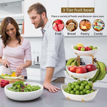 Leijosya Elegant 3-Tier Ceramic Serving Bowl Set with Gold Stand, White Decorative Display Bowls for Fruits, Desserts, Appetizers