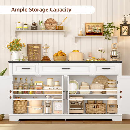 usikey 59” Large Buffet Cabinet with 4 Doors and 3 Drawers, Buffet Sideboard Cabinet with Storage and 2 Adjustable Shelves, Coffee Bar, Wine Bar for Living Room, White