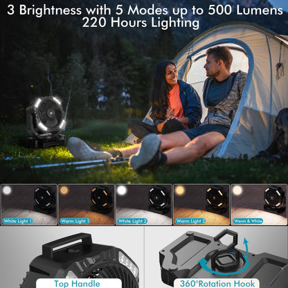 AddAcc 40000mAh Battery Operated Camping Fan & Portable Rechargeable Desk/Camping Fan with Light and Hook