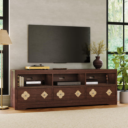 GAOMON Farmhouse 70 Inch TV Stand for TVs Up to 85", Mid Century Modern Entertainment Center with Storage Carved Drawer and Open Shelves, TV Console for Living Room (Brown)