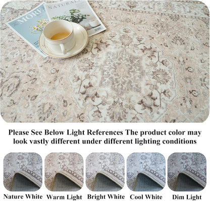 Skiennix 6ft Square Area Rug - Washable Oriental Design | Non-Slip, Water-Resistant, Beige 6x6 Carpet