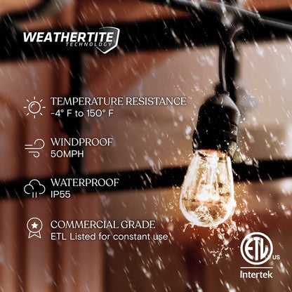 Brightech Ambience Pro Incandescent Outdoor String Lights - Commercial Grade Waterproof Patio Lights with 48 Ft Dimmable Edison Bulbs, Porch String Lights for Patio, Backyard - 15 Bulbs 11W