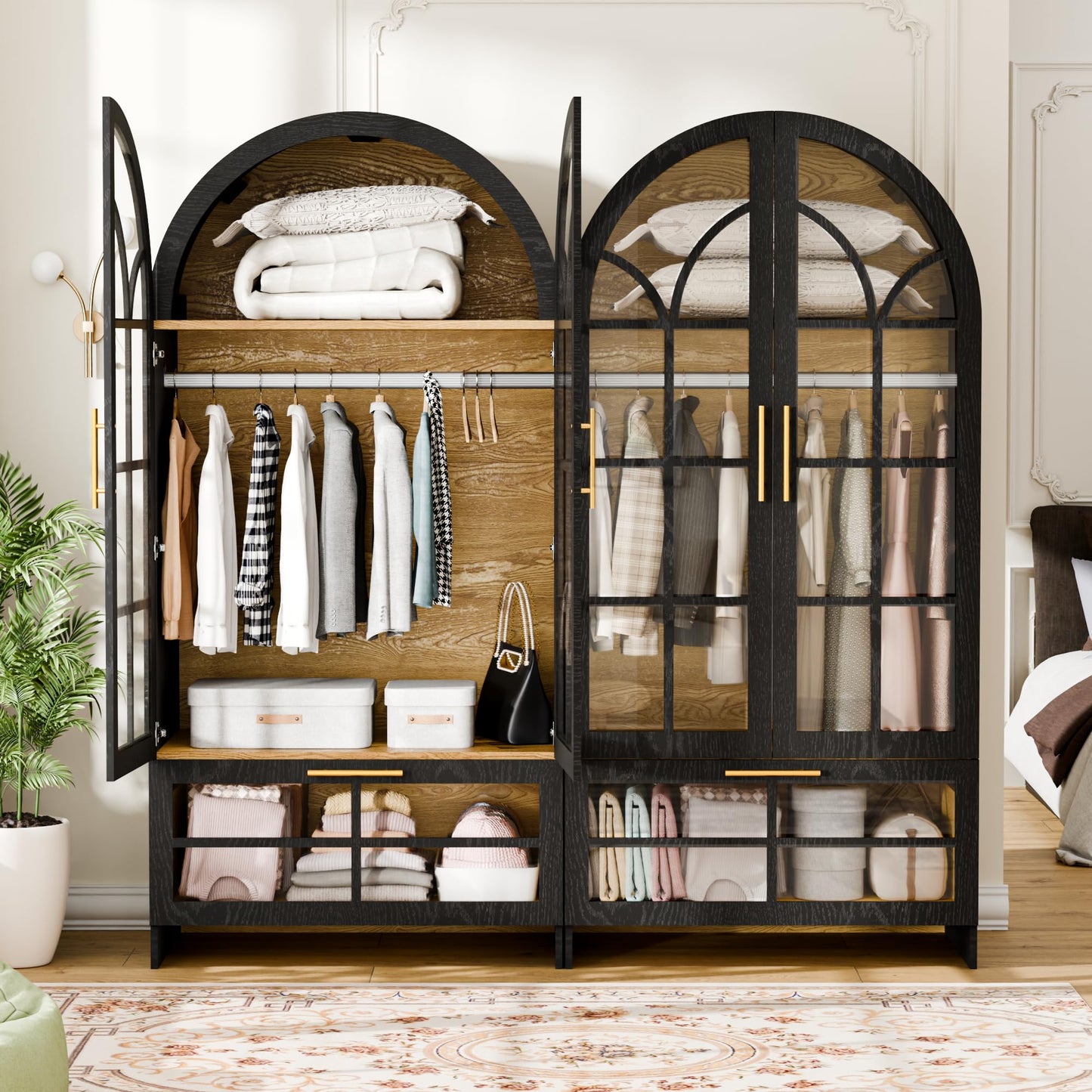 Topcomfy Armoire Wardrobe Closet with Drawer, 71”Tall Arched Wardrobe Cabinet with Hanging Rod&Glass Door – Wooden Freestanding Clothing Storage Cabinet Closet Organizer for Bedroom, Entryway or Dorm
