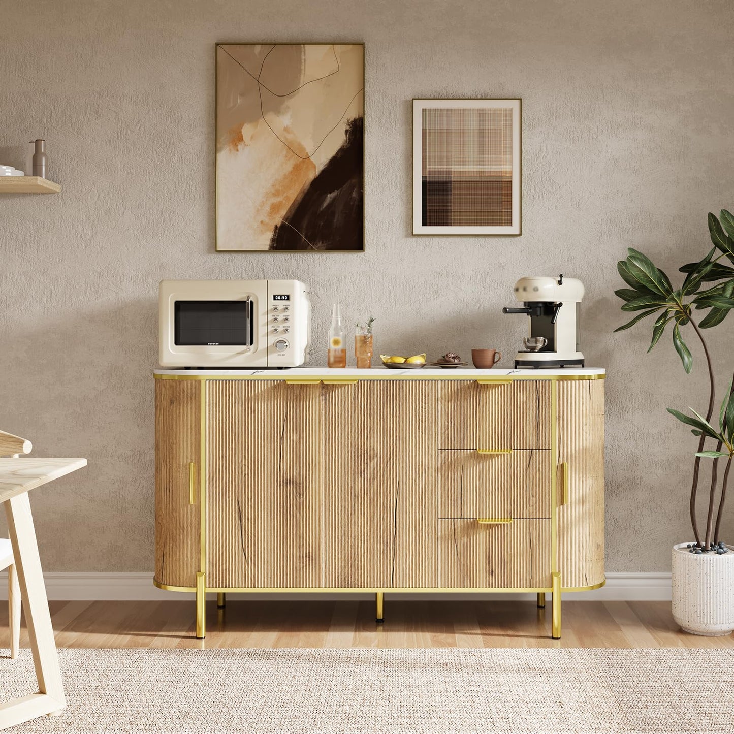 Sideboard Buffet Storage Cabinet, 60in Large Modern Fluted Cupboard Coffee Bar TV Console Cabinet with 3 Drawers and Adjustable Shelf for Kitchen Dining Room Entryway Living Room, Natural Oak