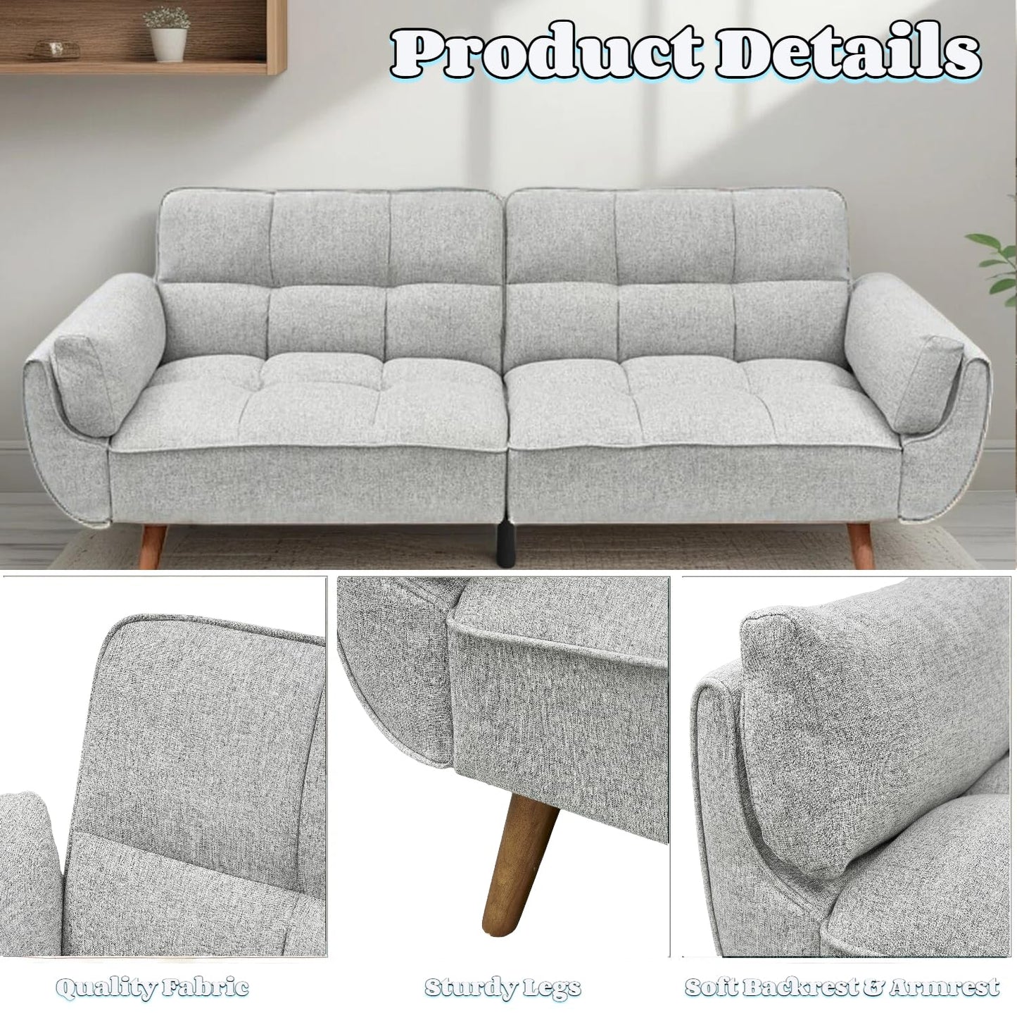 Trygoal Convertible Futon Sofa Bed, Modern Futon Couch with 2 Pillows, Small Futons Couch with Adjustable Armrest & Backrest, Loveseat Sofa Bed for Living Room, Bedroom, Gray