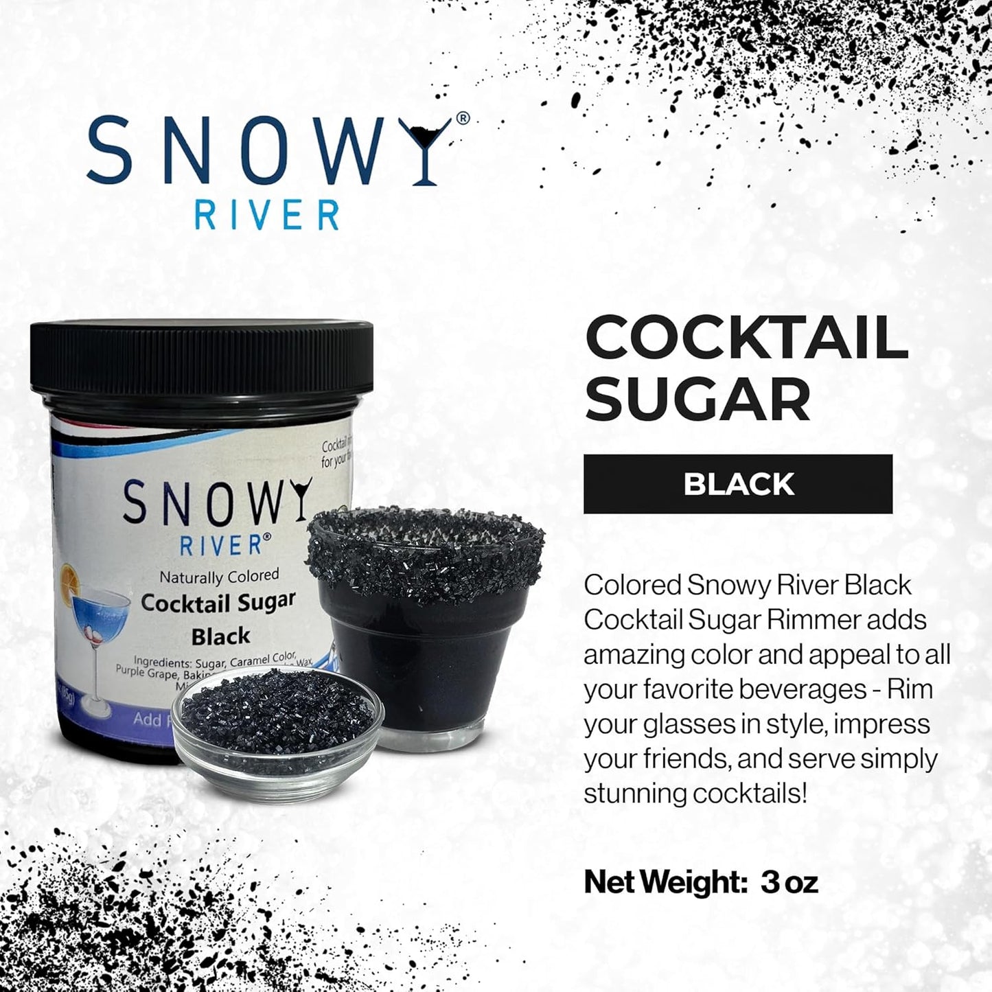 Rimmer Rimming, 3oz Snowy River Black, Cocktail & Margarita Sugar - Vibrant Naturally Colored Sugar for Cocktail Baking