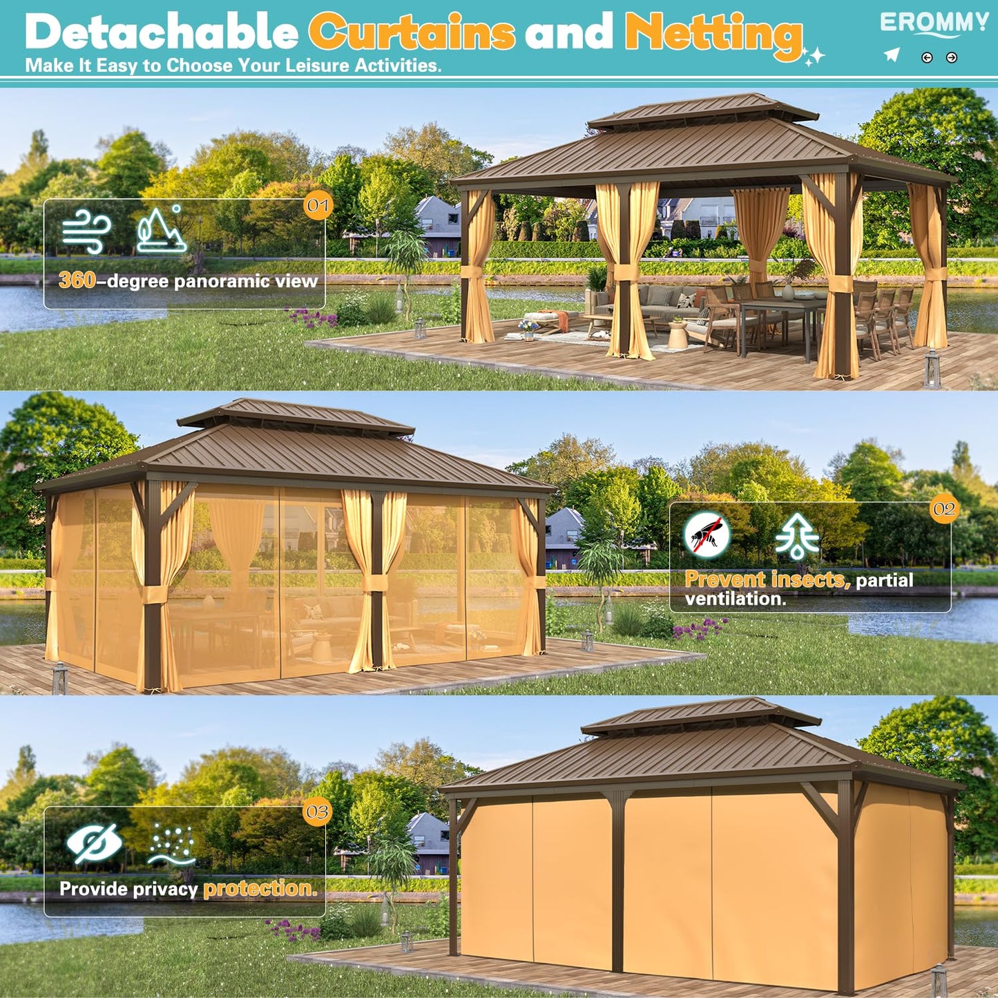 EROMMY 12' x 18' Hardtop Gazebo, Aluminum Frame Gazebos with Galvanized Steel Double Roof, Permanent Outdoor Metal Pavilion with Curtain and Netting for Patio, Lawn, Deck
