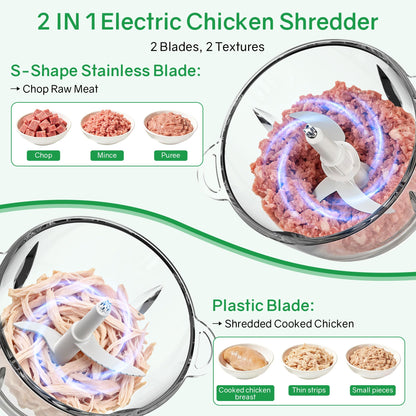 Food Processors 300W Electric Chicken Shredder Meat Grinder with Dual Blades and Full Copper Motor, 2L Food Chopper for Meat/Cooked Chicken Breast/Fish/Vegetable/Baby Food/Pet Food(Large)