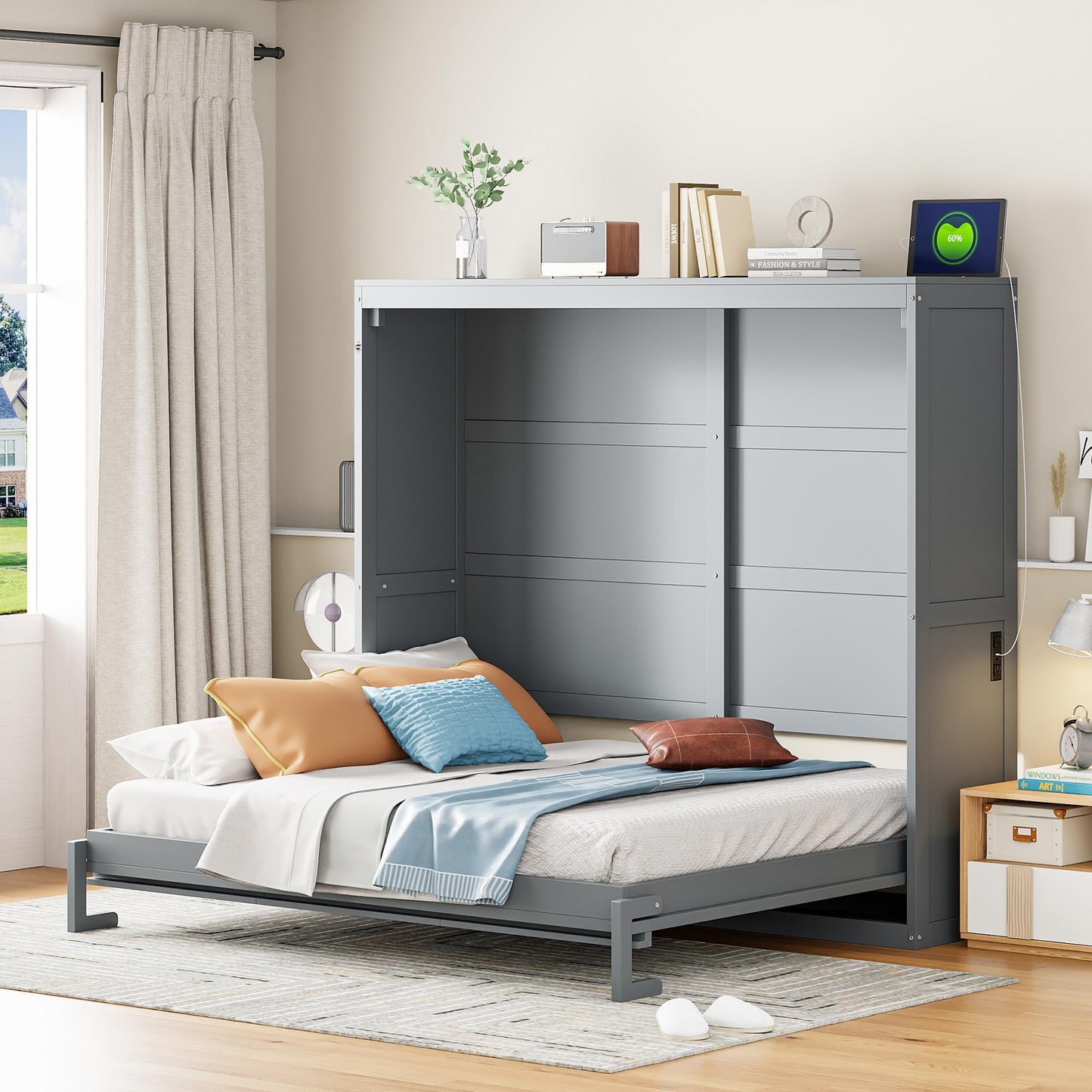 Ball & Cast Full Size Wall Cabinets Murphy Bed with Charging Station and Slat Support,Wood Hideaway Cabinet Platform Beds w/Leg & Lock,can be Folded,Space-Saving,for Small Room,Dorms,Gray